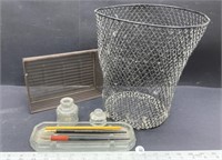 Glass Tray with CPR Pencil/Quill Pen, 2 Inkwells,
