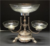THREE-TIER SILVER PLATED COMPOTE W/ GLASS BOWLS