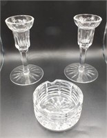 WATERFORD CRYSTAL CANDLESTICKS & ASHTRAY