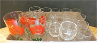 SMALL DRINK GLASSES & (2) LARGE RED FLOWER GLASSES