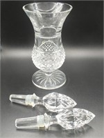 WATERFORD CRYSTAL GOBLET & (2) BOTTLE STOPPERS
