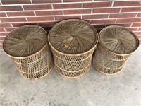 Retro Stackable Wicker Side Tables w/ Glass Tops
