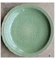 A Large Chinese Celadon Charger Decorated W/ A Dr