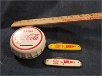 Coca Cola Plastic Coin Bank & 2 Pocket Knives