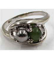 14K White Gold, Jade, And Black Pearl Ring