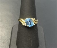 14KT Blue Topaz and Diamond Chip Ring
