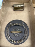 USS PARGO SSN 650 plaque and vintage desk