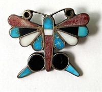Vintage Zuni Turquoise Coral Blk Onyx Pin 4 Gr