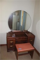 Antique Vanity w/bench and Round Mirror