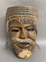 Eastern Wooden Tribal Mask w/Hide-Fur 12"