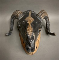 Early Hand Carved Wooden Rams Head Mask 12"