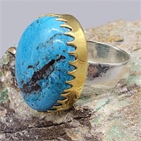 TIBETAN TURQUOISE RING W BRASS ACCENTS 925