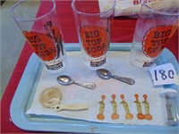 3 Big Top Soda Glasses, bread mirror, spoons