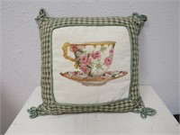 SMALL VINTAGE TEACUP NEEDLEPOINT AND PLAID PILLOW