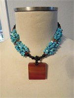 TURQUOISE CHUNK WITH AMBER BLOCK STONE NECKLACE
