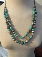 SILVER & TURQUOISE BEADED DBL STRAND NECKLACE