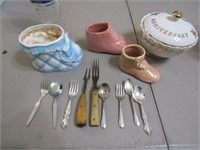 silverware,shoes & covered dish
