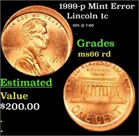 1999-p Lincoln Cent Mint Error 1c Grades GEM+ Unc