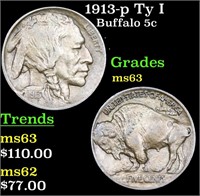 1913-p Ty I Buffalo Nickel 5c Grades Select Unc