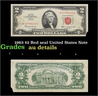 1963 $2 Red seal United States Note Grades AU Deta
