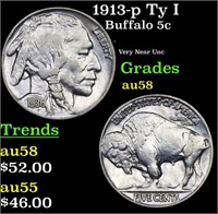 1913-p Ty I Buffalo Nickel 5c Grades Choice AU/BU
