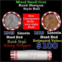 Mixed small cents 1c orig shotgun roll, 1919-p Lin