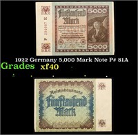 1922 Germany 5,000 Mark Note P# 81A Grades xf