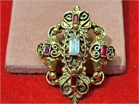 Vintage Costume Brooch Gold Tone w/ Red & Clear