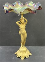 Art Nouveau Woman Cast Metal & Art Glass Compote