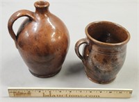 Antique Redware Handled Crock & Jug as is