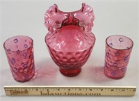 Cranberry Art Glass Vase & Tumblers