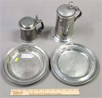 Antique Pewter Plates & 2 Tankards