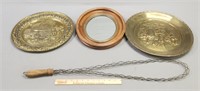 Brass Plaques; Oval Mirror & Rug Beater
