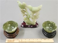 Carved Chinese Hardstone Birds & Spinach Bowls