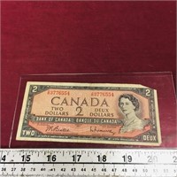 1954 Canadian $2 Banknote Paper Money Bill