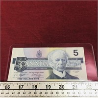 1986 $5 Canadian Banknote Paper Money Bill