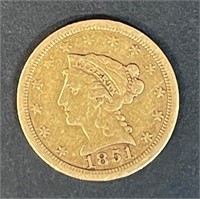 1851 UNITED STATED OF AMERICA 2 1/2 D GOLD COIN