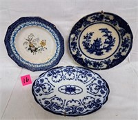 3 very old blue/white plates (some chips)
