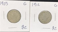 Pair of Antique Liberty V Nickel coins G