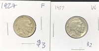 Pair of Buffalo Nickel coins graded F and VG