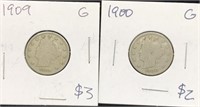 Pair of antique liberty V nickel coins, graded G