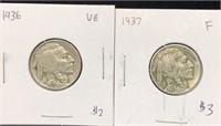 Pair of vintage Buffalo nickel coin graded