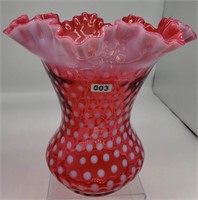 Fenton Cranberry polka dot vase 8"