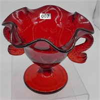 Fenton Ruby Dolphin Crimped comport 6"