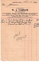1924 W. J. Yarham Pumps & Windmills Receipt
