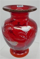 Fenton Louise Piper ruby vase w/ white birds