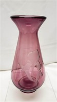Fenton sand carved Iris on Amethyst vase. 6 1/2"