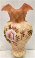 Fenton Burmese hex vase, HP "Adoration Rose"
