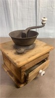 Antique Coffee Grinder on Wooden Base w Drawer AS