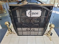 Fireplace screen, andirons and open sign.